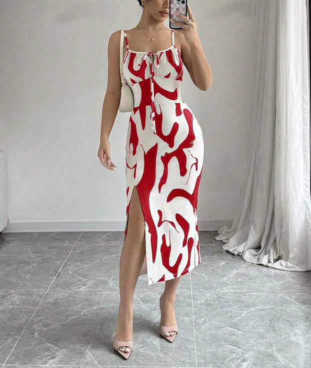 Slim Lace-up Printed Summer Dress