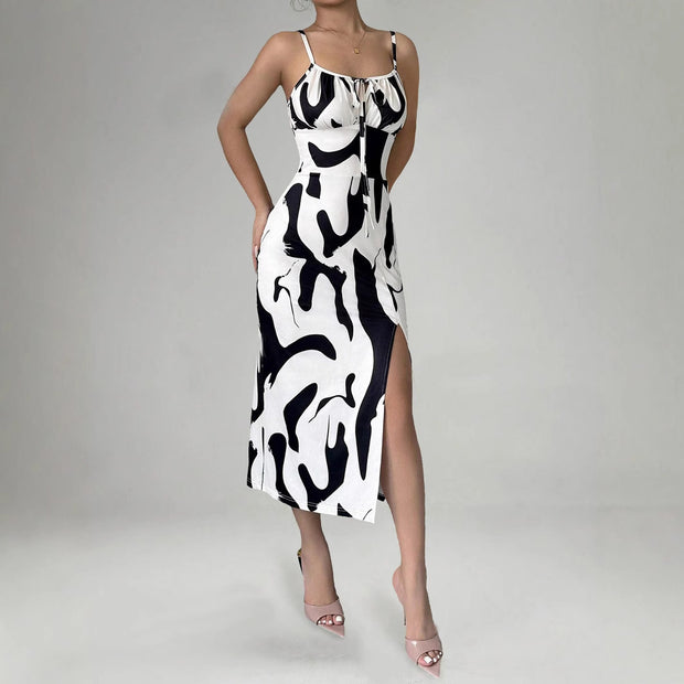 Slim Lace-up Printed Summer Dress