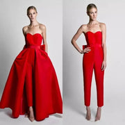 Red Jumpsuit Evening Dresses With Over Skirt