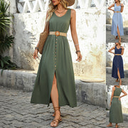 Summer Sleeveless Split Dress With Button Design