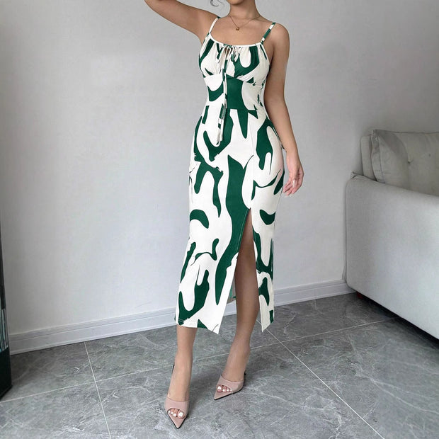 Slim Lace-up Printed Summer Dress