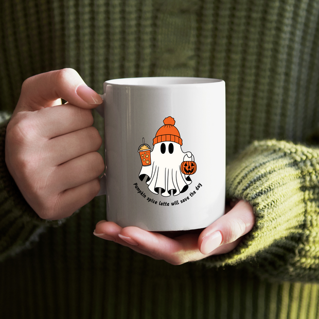 Pumpkin Spice Ghost – Cozy Halloween Glossy Mug