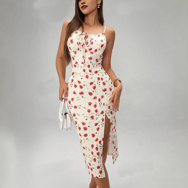 Slim Lace-up Printed Summer Dress