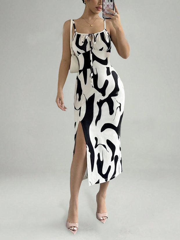 Slim Lace-up Printed Summer Dress