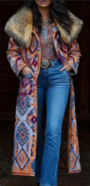 Fashion Retro Women's Coat, Warm Printed Long Coat