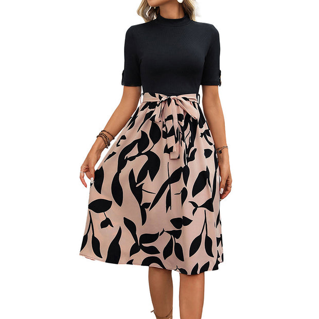 Stitching Short Sleeve Lace-up Dress