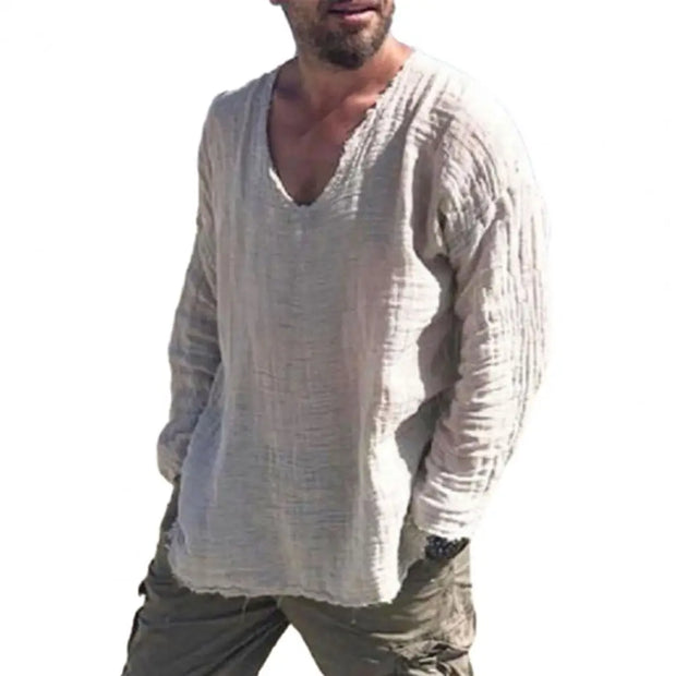 Men V-neck Long Sleeve Shirt with burr edges