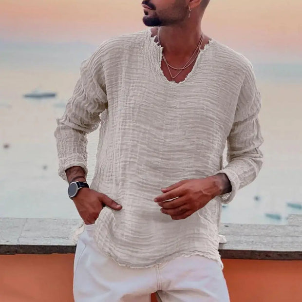 Men V-neck Long Sleeve Shirt with burr edges
