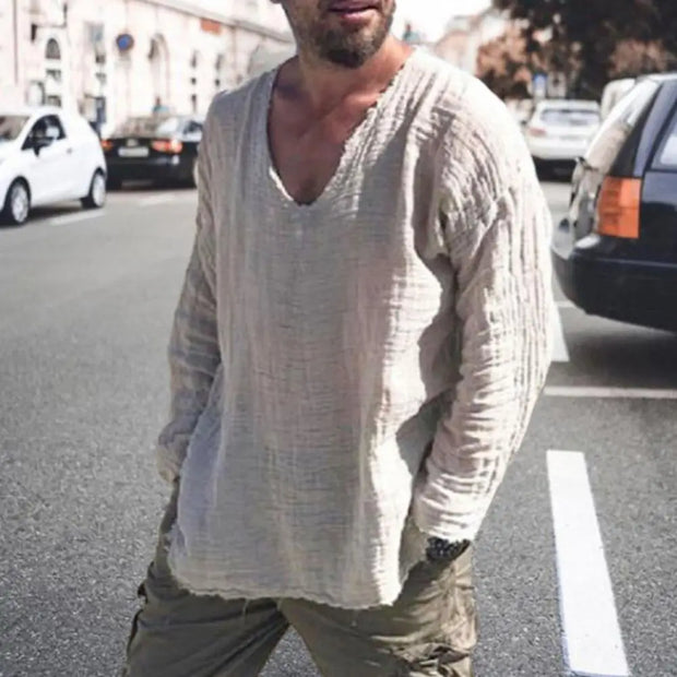Men V-neck Long Sleeve Shirt with burr edges