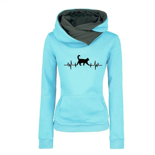 Women's Sweatshirts Versatile Hoodies Cat Print Double Collar