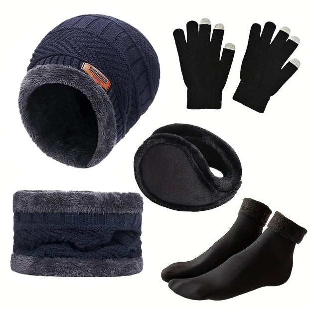 Men's 5 PC, Scarf, Gloves, Neckline, Plus Knit Hat and Socks