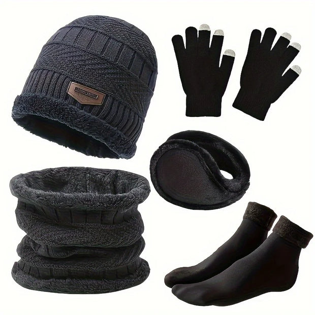 Men's 5 PC, Scarf, Gloves, Neckline, Plus Knit Hat and Socks