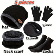 Men's 5 PC, Scarf, Gloves, Neckline, Plus Knit Hat and Socks