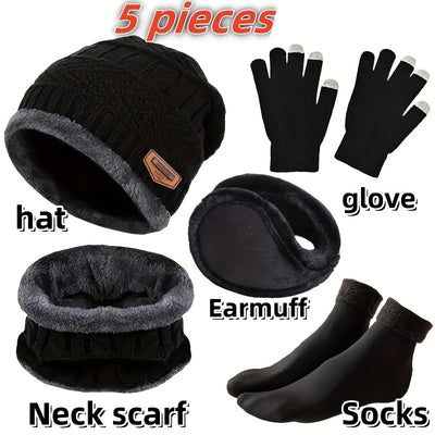 Men's 5 PC, Scarf, Gloves, Neckline, Plus Knit Hat and Socks