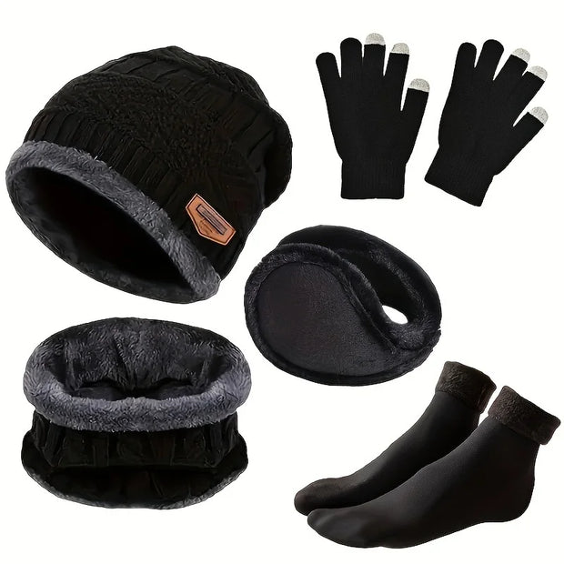 Men's 5 PC, Scarf, Gloves, Neckline, Plus Knit Hat and Socks