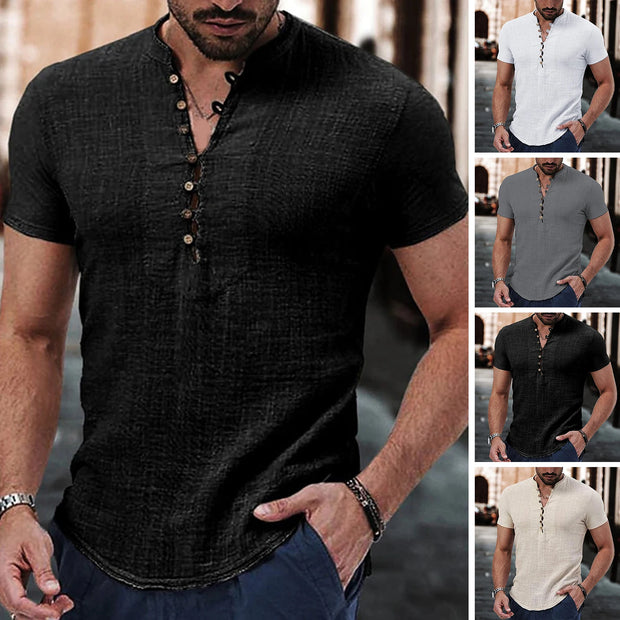 Summer New Men's Solid Color Short-Sleeved T-shirt Cotton And Linen Led Casual Men's T-shirt Shirt Male Breathable Top