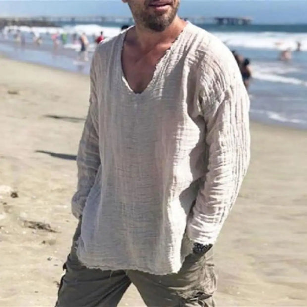 Men V-neck Long Sleeve Shirt with burr edges