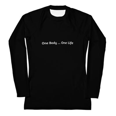 Women's Black Rash Guard Writing On Both Sides Click One And Done