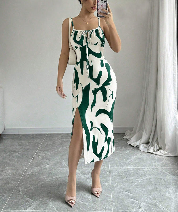 Slim Lace-up Printed Summer Dress