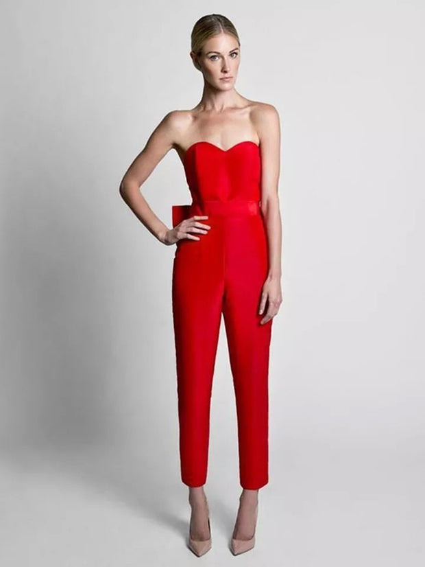 Red Jumpsuit Evening Dresses With Over Skirt