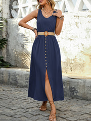 Summer Sleeveless Split Dress With Button Design