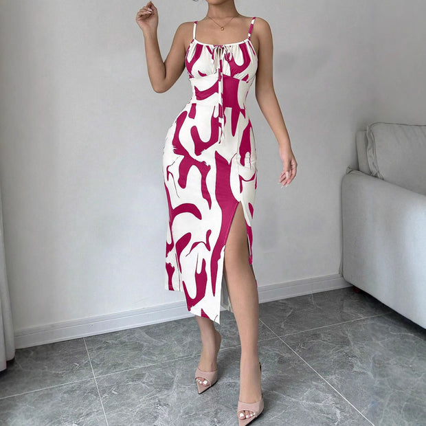 Slim Lace-up Printed Summer Dress