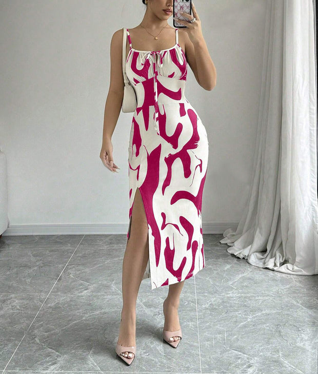 Slim Lace-up Printed Summer Dress